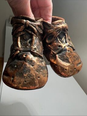 Bronzed Antique Classic Baby Walker Shoes Figurine in Metallic Brown - Vintage